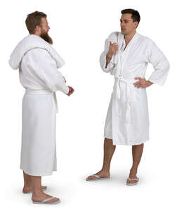 two men in spa bathrobes standing and talking