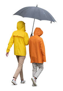 two cut out people in raincoats walking under an umbrella