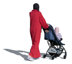 cut out muslim woman with a baby carriage walking