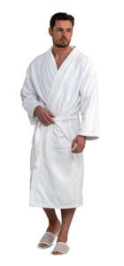 cut out man in a white spa bathrobe walking