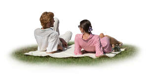 cut out man and woman lying on the grass and talking