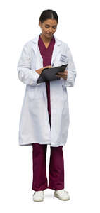cut out female doctor standing and reading some documents