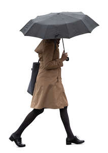 woman with a brown overcoat walking on a rainy day