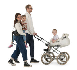 cut out family with two kids and a baby carriage walking