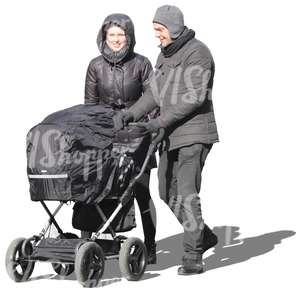 man and woman pushing a baby carriage