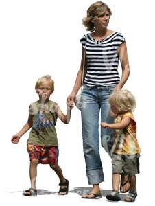 woman with two children walking