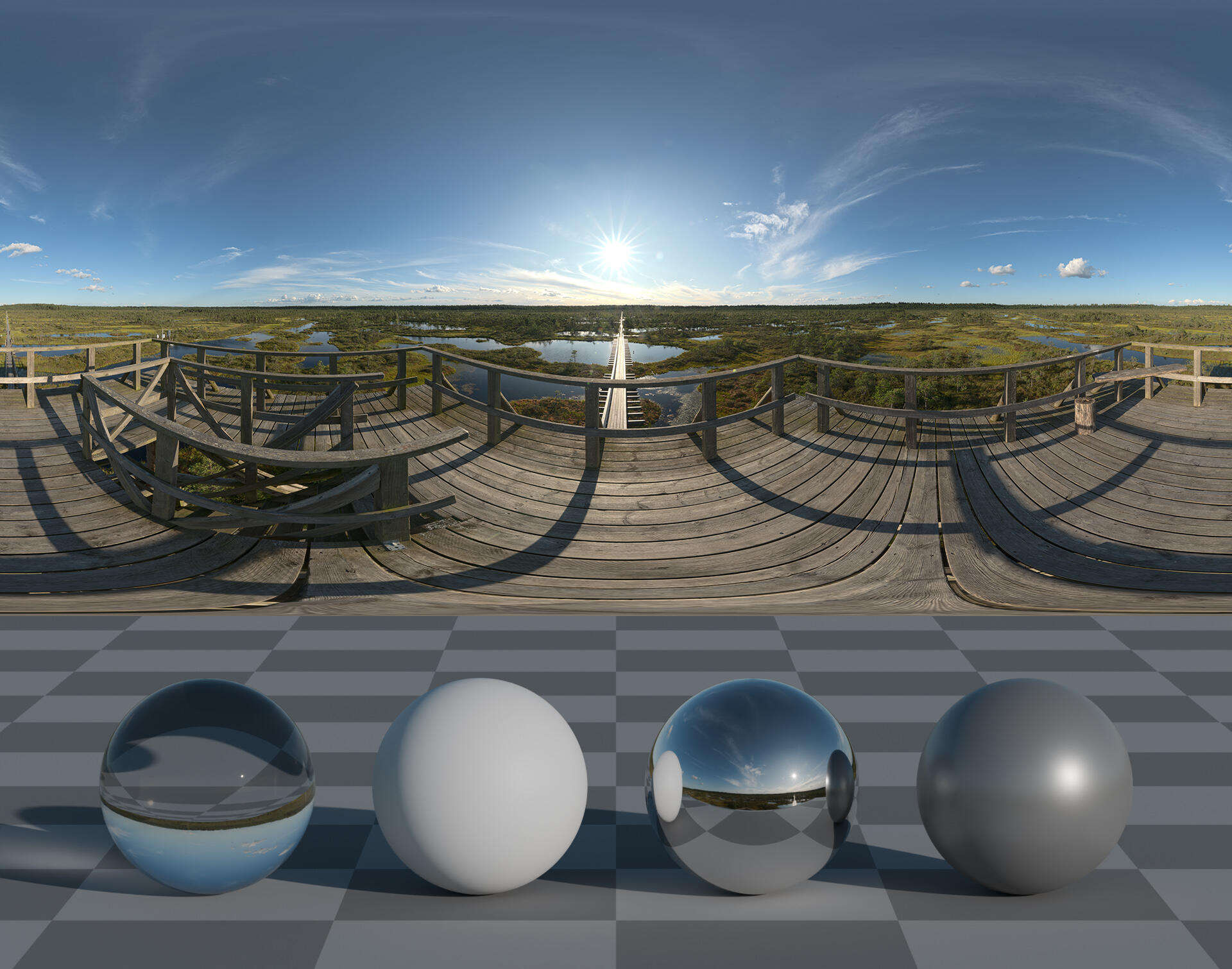 HDRI panorama of an aerial view of a bog in sunlight