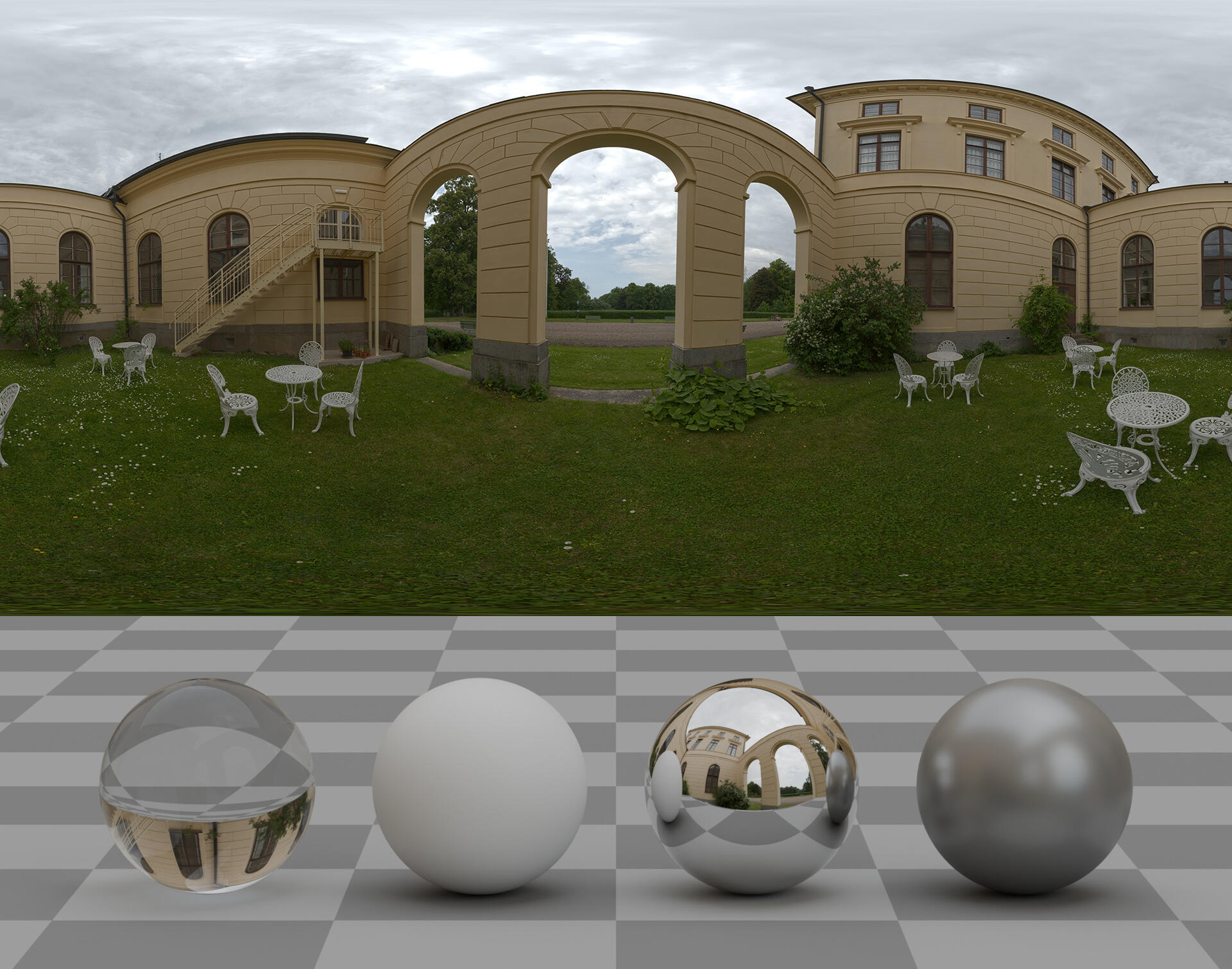 HDRI panoarama of a courtyard of a mansion with chairs and tables