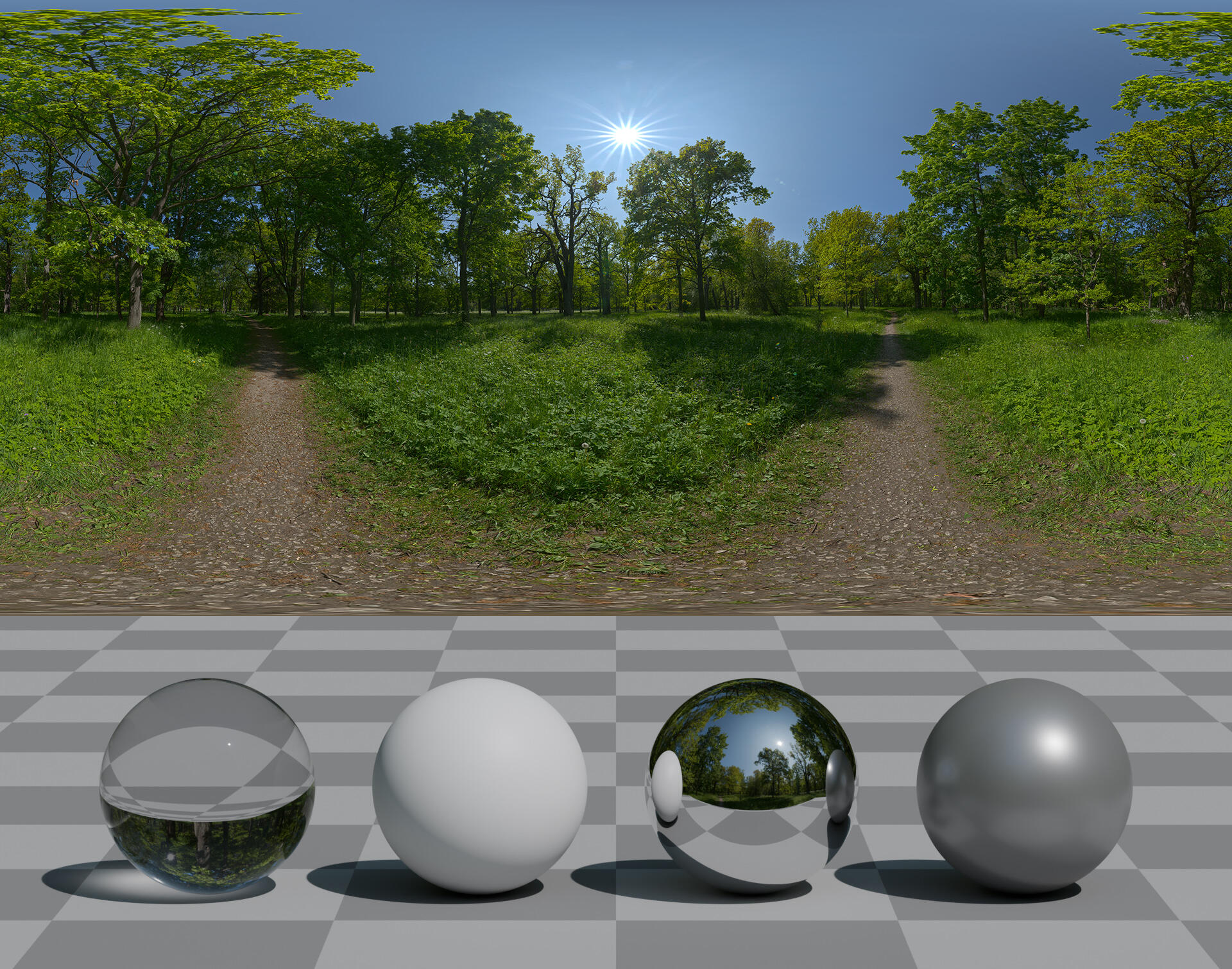 HDRI panorama of a park in summer in sunlight