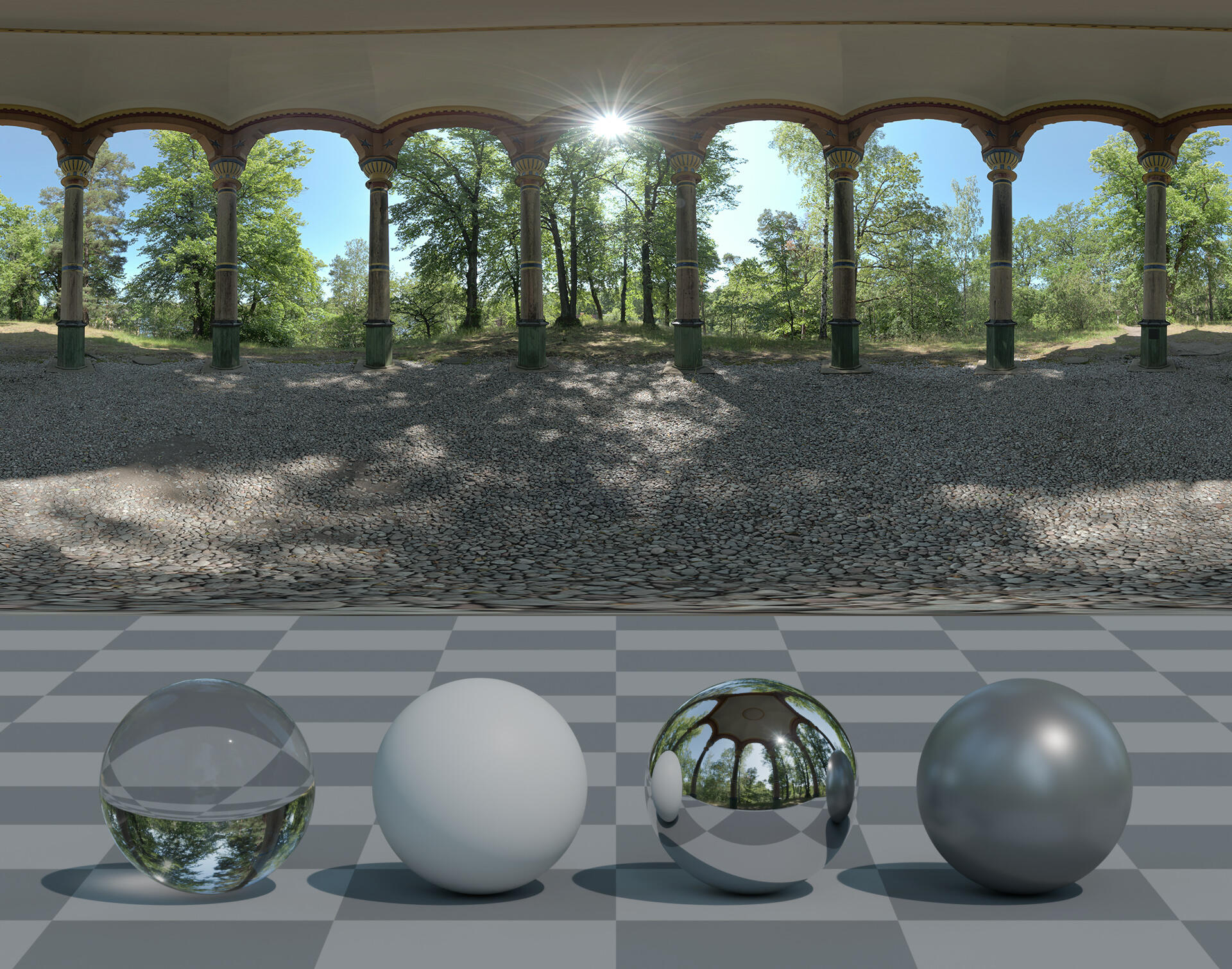 HDRI panorama of park pavillion with columns