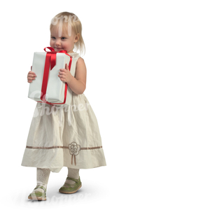 little girl in a white dress carrying a big gift box