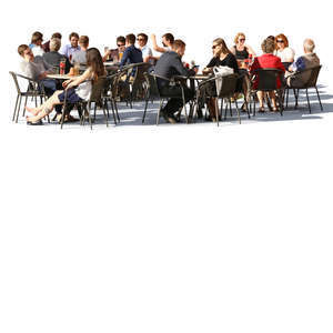 street cafe scene with many groups of people sitting and talking