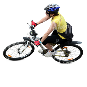 woman with a helmet riding a bike seen from above