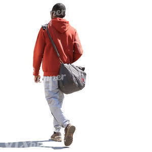 black man in a red jacket walking on the street