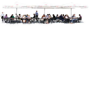 street cafe with many people and two waiters