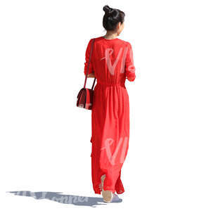 asian woman in a long red dress walking