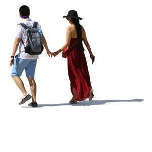 asian couple walking hand in hand in summertime