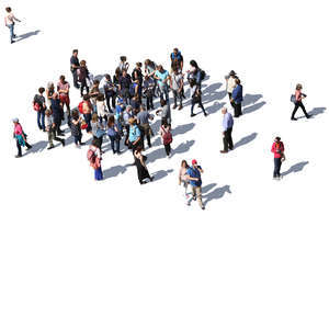 large group of people standing and walking seen from above