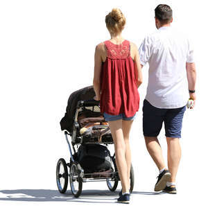 man and woman walking with a baby carriage
