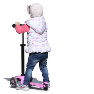 little girl riding a pink scooter