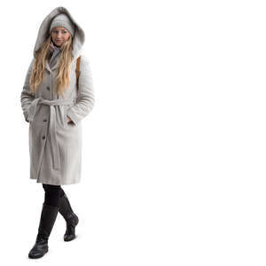 woman in a light grey hooded coat walking