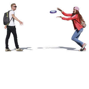 man and woman playing frisbee