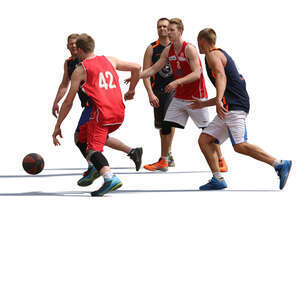 five men playing street basketball