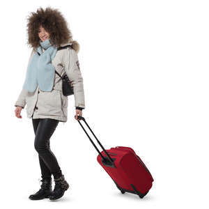 woman with a red suitcase walking