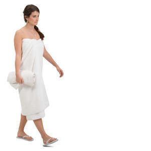 woman in a sauna towel walking