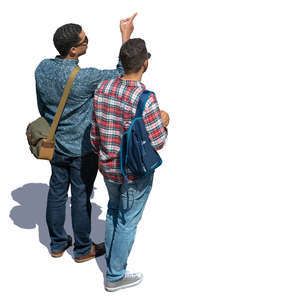 two men standing and pointing at smth