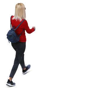 blonde woman walking seen from above