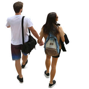 couple seen from above walking hand in hand
