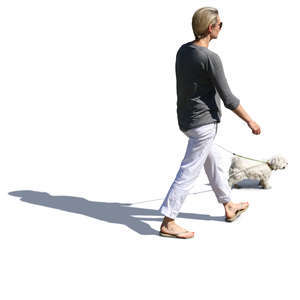 woman walking a dog seen from above