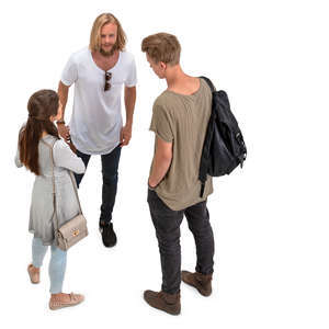 group of three standing and talking seen from above