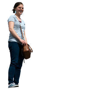 woman standing and smiling seen from below