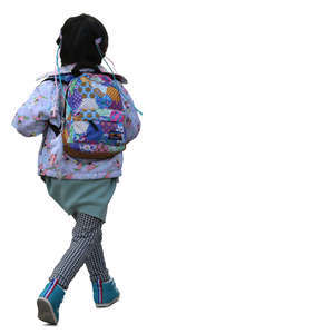 little asian girl with a colorful backpack running