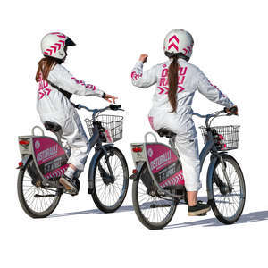 two women in uniform costumes cycling