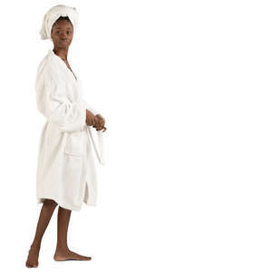 black woman in a bathrobe standing 