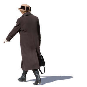 older woman in a brown overcoat walking