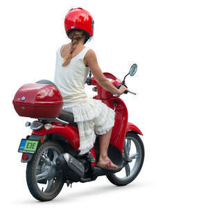 woman riding a red motor scooter