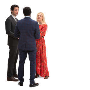 group of three people standing and talking