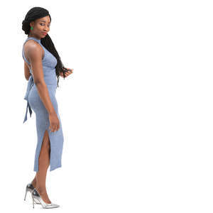 black woman in a blue dress standing