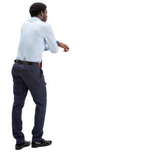 black businessman leaning on a table