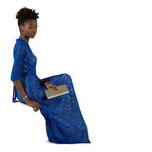 woman in a blue evening dress sitting