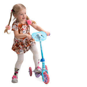 little girl riding a blue scooter