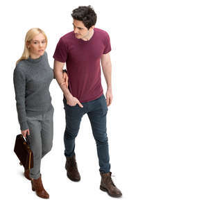 man and woman walking arm in arm seen from above