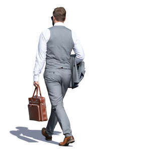 man in a grey suit walking