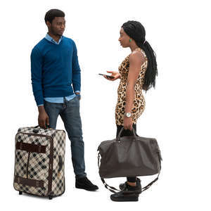 man and woman with travel bags standing and talking