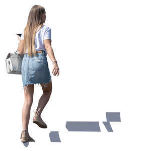 woman walking up the stairs in summertime seen from below