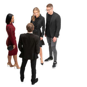 group of people standing and talking seen from above